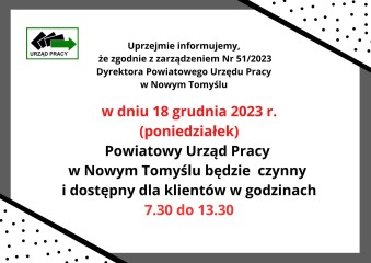 Zdjęcie artykułu Skrócenie godzin pracy dnia 18.12.2023r.