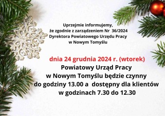 Zdjęcie artykułu Skrócone godziny pracy dnia 24.12.2024